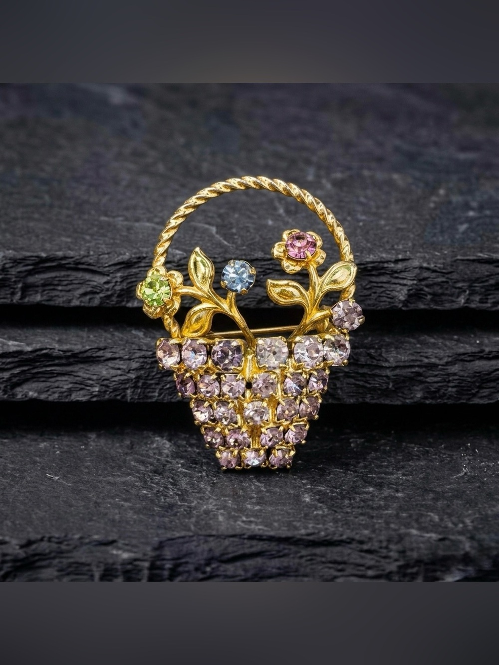 Vintage 50s Retro Pastel Flower Basket Rhinestone Gold Tone Uranium Glass Brooch